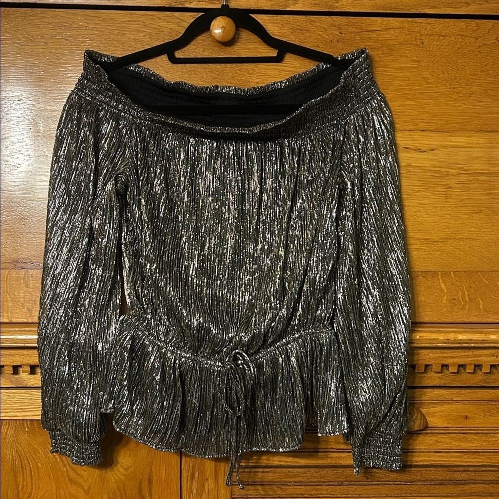 WHBM Y2K Glam Silver Metallic Off Shoulder Peplum Blouse Top Holiday‎ Festive